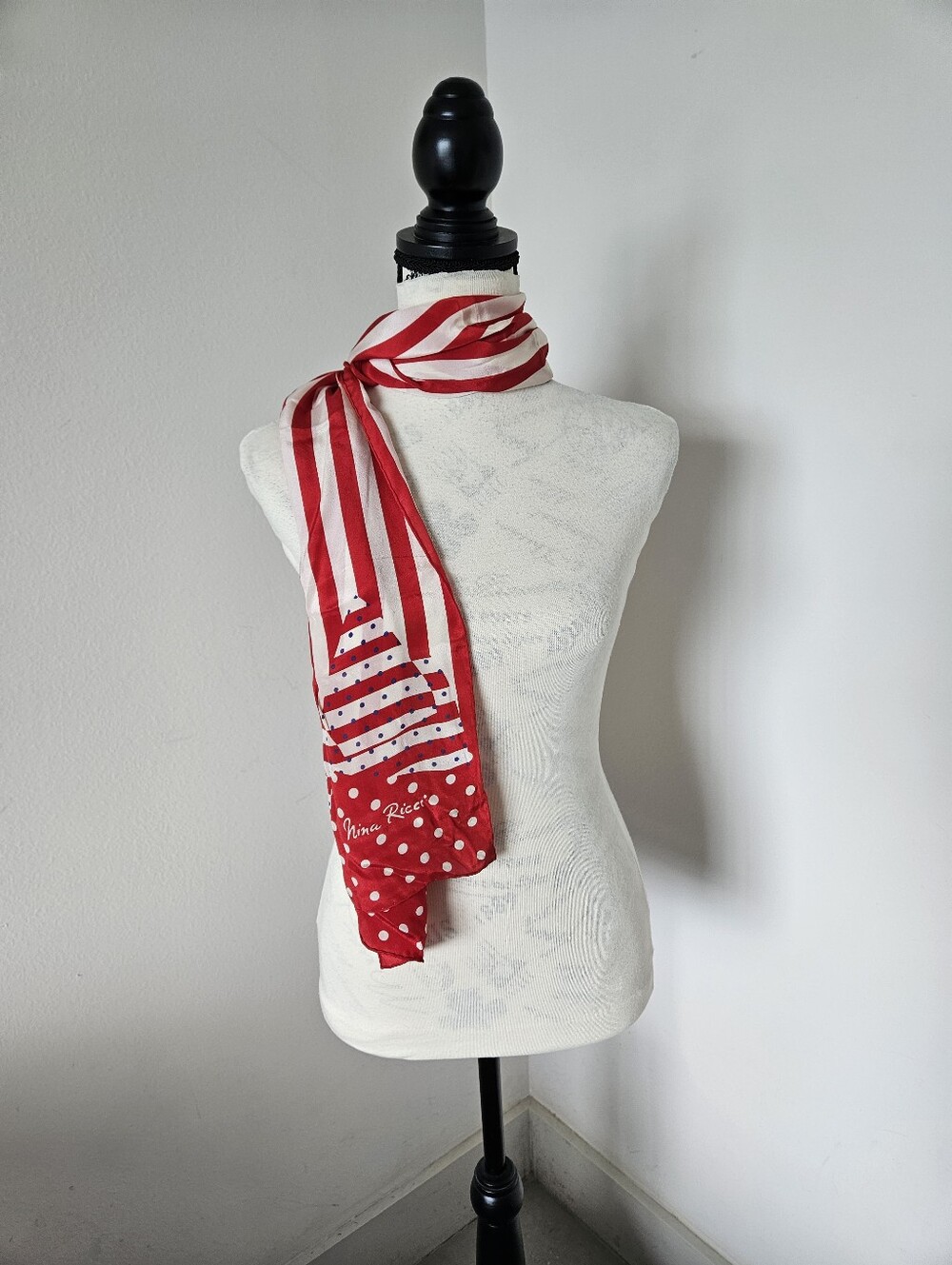 ❤️ Nina Ricci Red and White Striped & Polka Dot silk Scarf